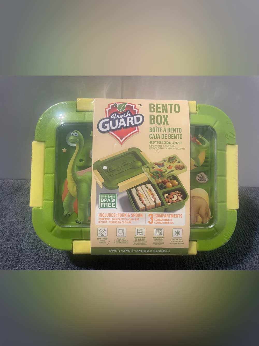 Green Dino Bento Box - 3-Compartment Lunch Container